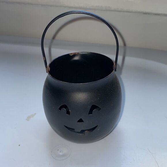 Two small metal Halloween Jack O Lantern votive candle holder - Picture 3 of 6